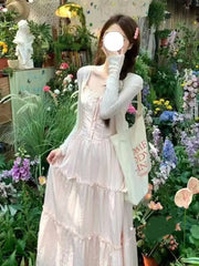Cyflymder  French Lace Splice Pink Strap Dress Summer Vacation Style Gentle Long Dress Minimalist Young Two-Piece Set High Waist A- Line