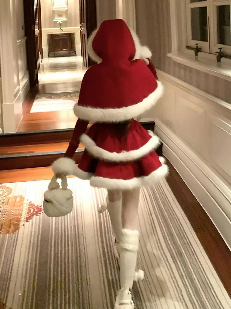 Cyflymder  Christmas Red suit Velvet Cake Puff Women's Dress Set Winter French Lady Princess Two Piece Outfit coat