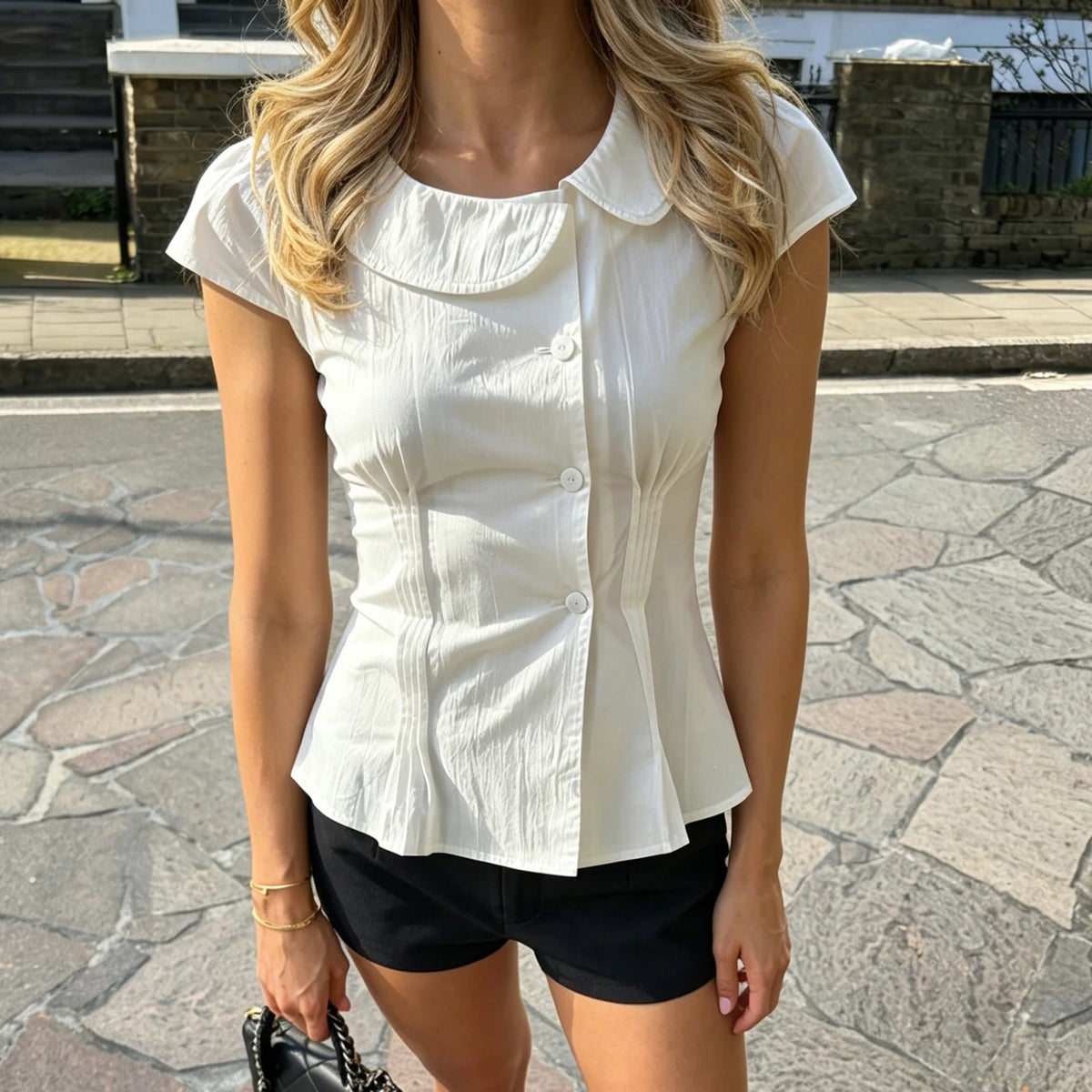Cyflymder  Korean Fashion Peter Pan Collar Folds White Blouse Y2K Aesthetics Girls Slimming Single Breasted Short Sleeve Shirts Summer Tops