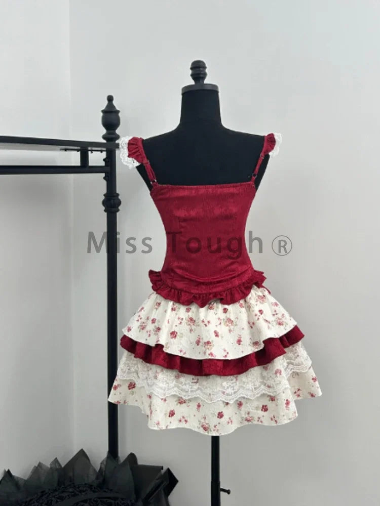 Cyflymder France Vintage Slim Square Neck Print 2 Piece Set Women Sweet Cute Lace Bow Patchwork Tops Female + High Waist Short Skirt