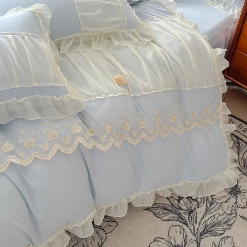 Cyflymder  Luxury Solid Color Bed Skirt Bedding Sets with Lace Silky Breathable Bedclothes for Home All Seasons Single Double Bedspread Kit