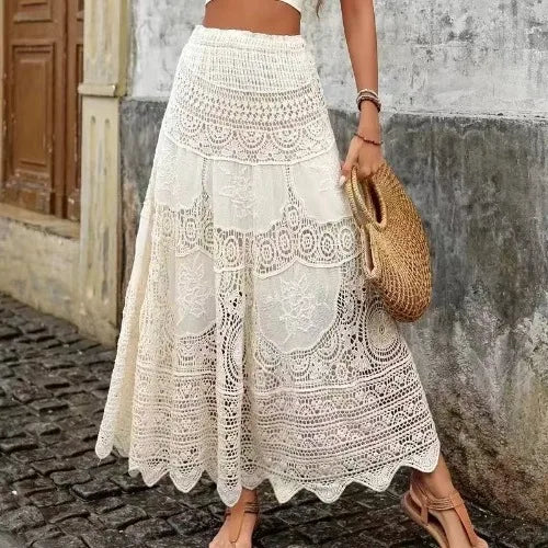 Cyflymder  Bohemian Style Hollow out Lace Half Skirt Women's Vacation Wear High Waist Flared Umbrella Skirt Cotton Polyester Knitted Long
