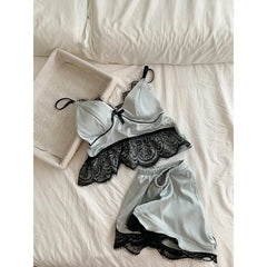 Cyflymder  French Summer Temperamen Lazy Have Chest Pad Two Piece Sets Y2k Aesthetic Spliced Lace Thin Soft Shot Tank Top Ice Silk Shorts