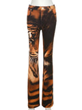 Cyflymder Tiger Print Flare Pants Women Y2K Summer Trend Skinny Elastic Wild Casual Streetwear Basic High Waist Trousers