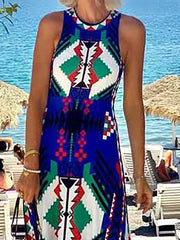 Cyflymder  New Elegant O-neck Bohe Vacation Dress Women's Fashion Pattern Printed Beach Long Dress Casual Sleeveless Slim Fit Party Dresses