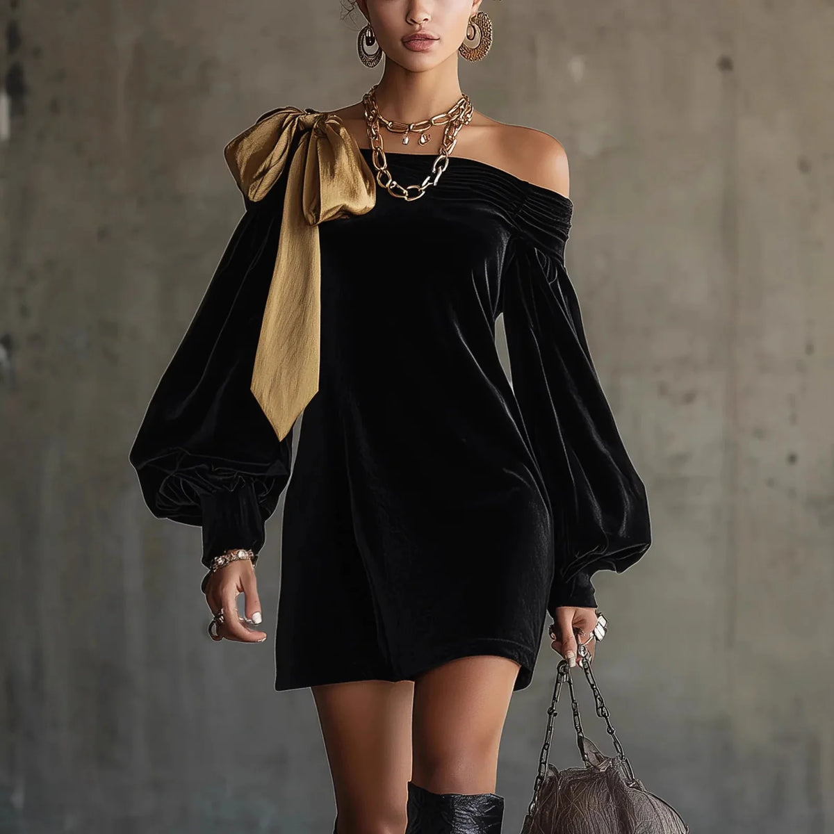 Cyflymder  Elegant Off Shoulder Bow Dress Woman Sexy Elegant Temperament Slim Dress Vintage Long Sleeve Spring Autumn Mini Dress 2026
