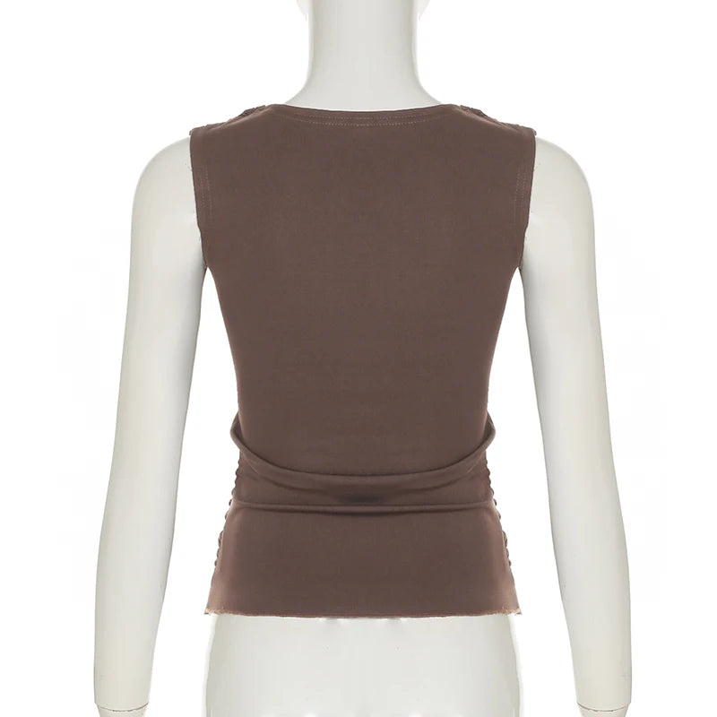 Cyflymder  Sexy Slim Folds Tank Tops Fake 2 Piece Elegant Bandage Hollow Out V-Neck Sleeveless Tops Women Summer Fashion Lady