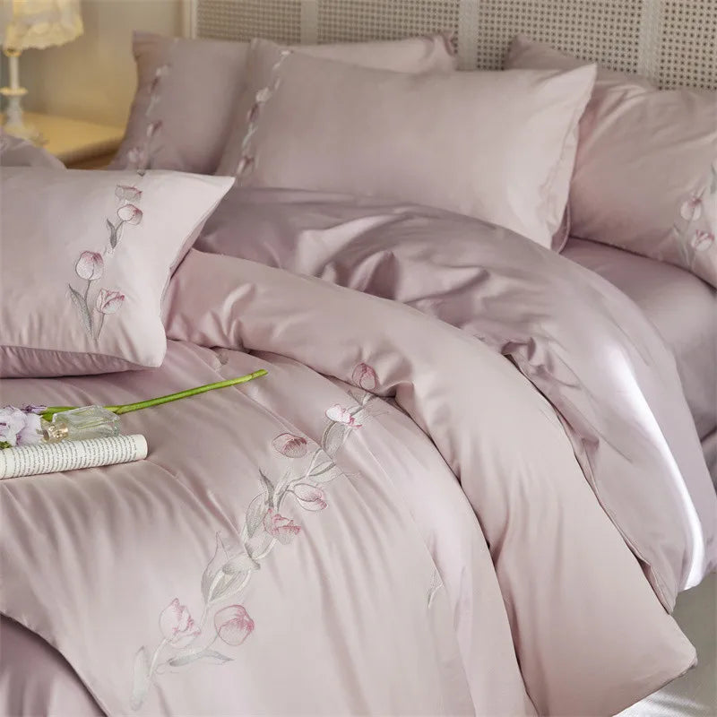 Cyflymder  Long-staple Cotton Floral Blossom Embroidery Comfortable Ultra Soft (1Duvet Cover+1Flat Bedsheet/Fitted Bedsheet+ 2Pillowcases)