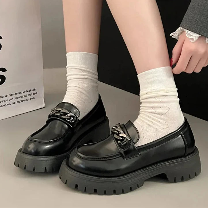 Cyflymder Chunky Heel Platform Metal Chain loafers Women Pumps Black round toe small leather shoes Female Casual Retro JK Uniform shoes