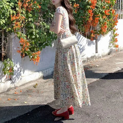 Cyflymder  Monet Broken Flowers Waist Aura Dresses Summer Vintage Printed Female Clothing Round Neck Elegant A-Line Short Sleeve Long Dress