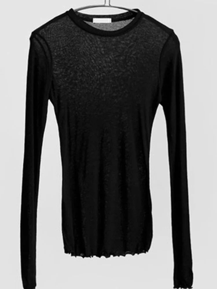 High Quality Plain T Shirt Women Cotton Elastic Basic T-shirts Female Casual Tops Long Sleeve Sexy Thin T-shirt see through Cyflymder