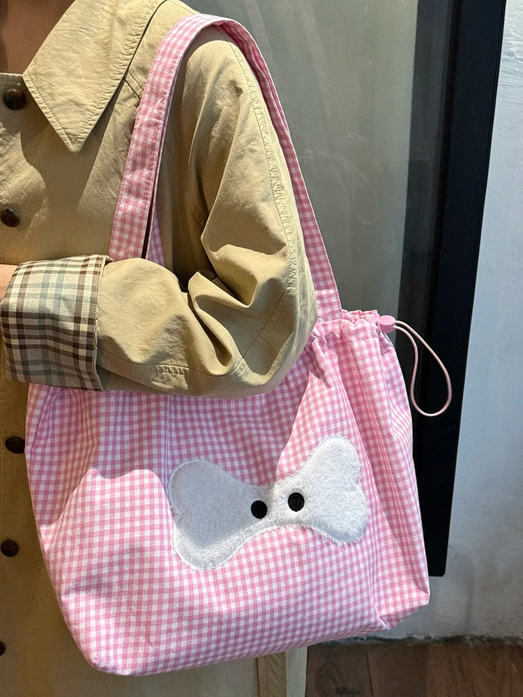 Cyflymder  Sweet Y2k Aesthetic Kawaii Plaid Shoulder Bags All Match Women Drawstring Casual Handbags New Fashion Grunge Canvas Underarm Bag