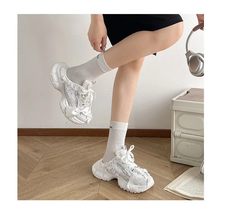 Cyflymder   Women Y2K Kawaii Platform Mule Sneakers Sweet Lace Satin Bowknot Chunky Thick Sole Slip On Backless Dad Shoes Harajuku Lolita