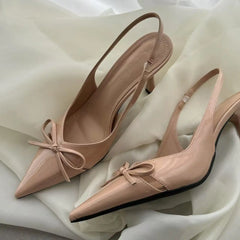 Cyflymder  Bow Shoes High Heel Sandal for Women Shallow Mouth Open High-heeled Pointed Spring Leather Stiletto Girls Scandals Butterfly-kno