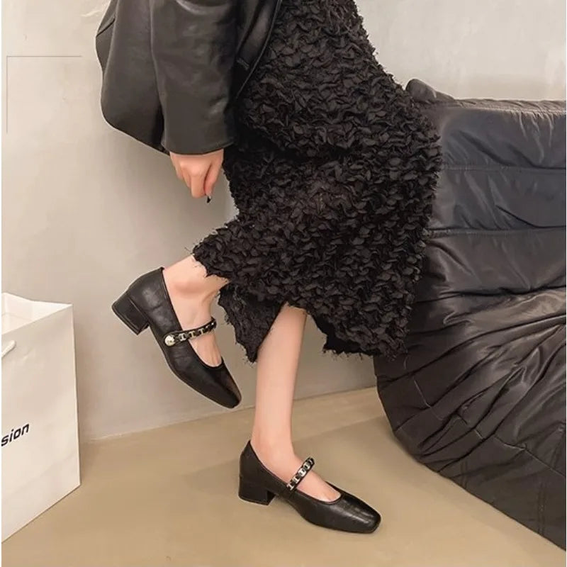 Cyflymder  Retro low-heeled single shoes for women, new summer fashion gold buckle square toe comfortable high-heeled leather shoes