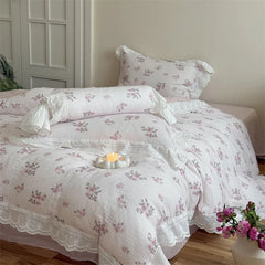 Cyflymder  Flowers Print Lace Ruffles Bedding Set 100% Cotton Double Layer Yarn Soft Duvet Cover Bed Sheet/Fitted Sheet Pillowcases 4Pcs