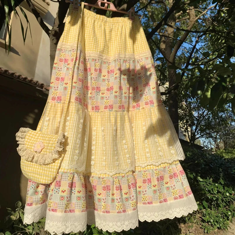 Cyflymder  New Spliced print Loose Summer Design Cake High Waist Floral Retro Skirt Color Block