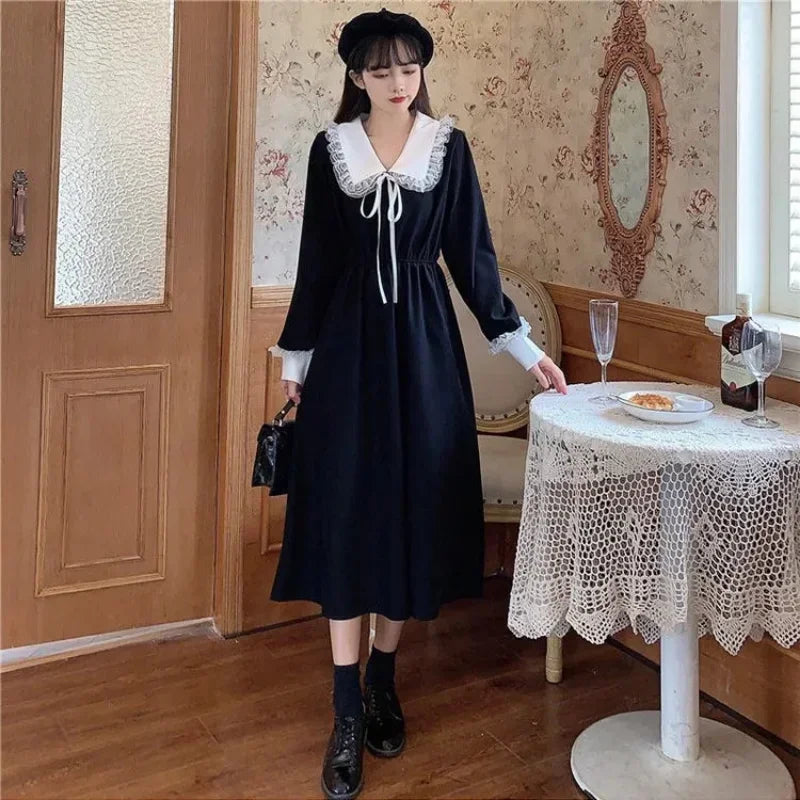 Cyflymder holiday dress New Vintage Shirt Dress Women Autumn Spring Long Sleeve Robe Kawaii Lolita Elegant Midi Dresses Korean Fashion Vestido платье