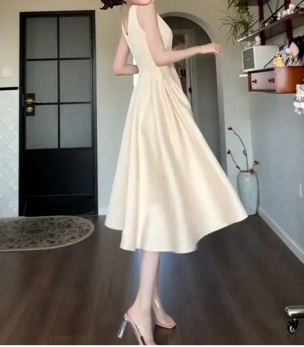 Cyflymder  Summer Champagne Bow A Line Dress Women Elegant Slim Waist Party Dress