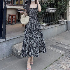 Cyflymder  Broken Flowers Flying Sleeve Dresses Women's Clothing Vintage Printed Summer French Style Square Collar Stylish Folds Long Dress