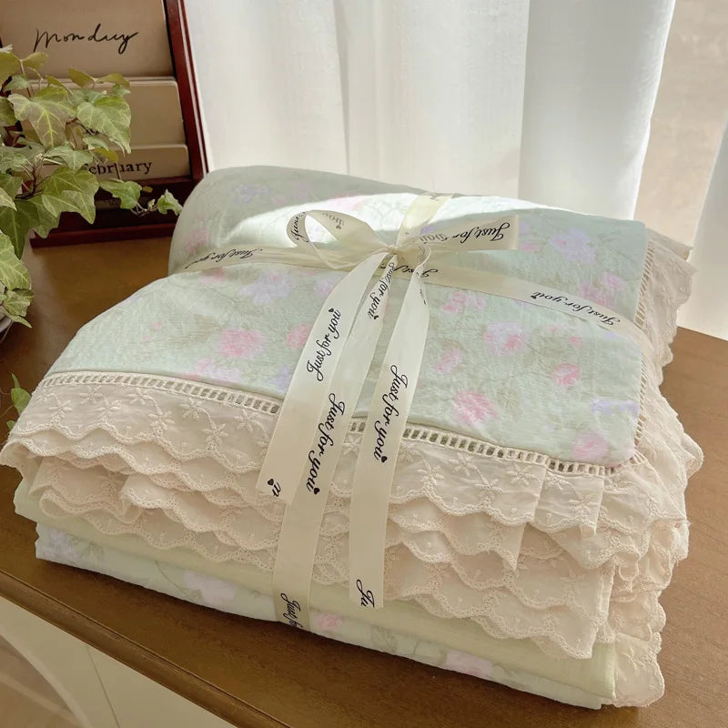 Cyflymder  New A-Class Hollow Lace Bedding Set Fitted Sheet Quilt Cover Pillowcase for Spring Summer Korean Skin Friendly Cozy Bedclothes