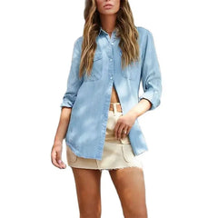 Cyflymder  Women Double Pockets Splice Decoration Denim Shirt New Single-breasted Cardigan Lapel Blouse Autumn Casual Commuter Female Tops
