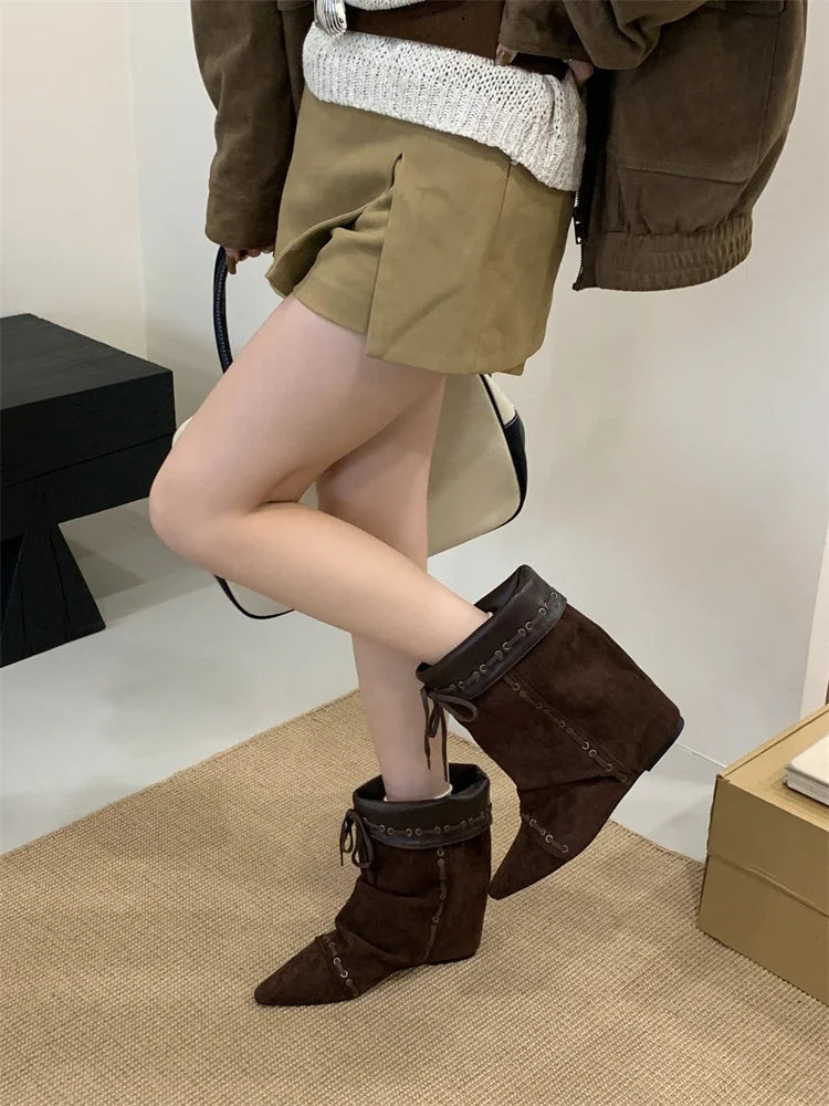 Cyflymder  Autumn Winter Soft Suede Pointed Toe Ankle Boots Women Fashion Lace Up Punk Style Modern Short Boots Ladies Wedges Party Heels