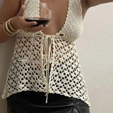 Cyflymder Vintage Knitted Front Tie Up Tank Vest Beach Crochet Hollow Out Halter Tops Women Sexy Backless Crop Tops Y2K Summer Holiday