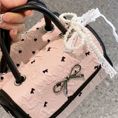 Cyflymder   Korean Style Sweet Cute Bow Handbag Women Pleated Lace Gentle Shoulder Bags Ladies Lovely Print Pattern Exquisite Crossbody Bag