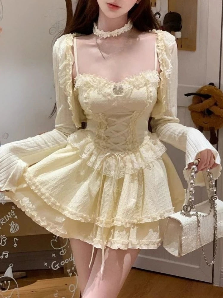 Cyflymder   French Elegant Sweet Fluffy 2 Piece Set Women New  Lace Stitching Sling Dress + Chic Cardigan Aesthetic Pure Desire Sexy Suits