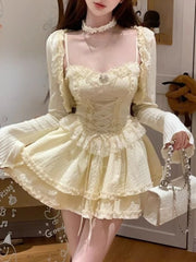 Cyflymder   French Elegant Sweet Fluffy 2 Piece Set Women New  Lace Stitching Sling Dress + Chic Cardigan Aesthetic Pure Desire Sexy Suits
