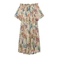 Cyflymder  Printed Dress Summer New Style Women's Sexy Off Shoulder Bubble Sleeves Loose Robe French Elegant Long Evening Dresses