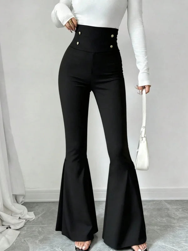 Cyflymder  Black Double Button Flare Pants Woman 2026 New High Waist Office Lady Bell-Bottoms Elegant Full-length Trousers 194788