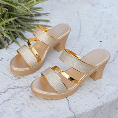 Cyflymder  Summer Round Head Open Toe High Heel Women's Slippers Pu Leather Series Chunky Heels Golden Silver Ladies Slippers