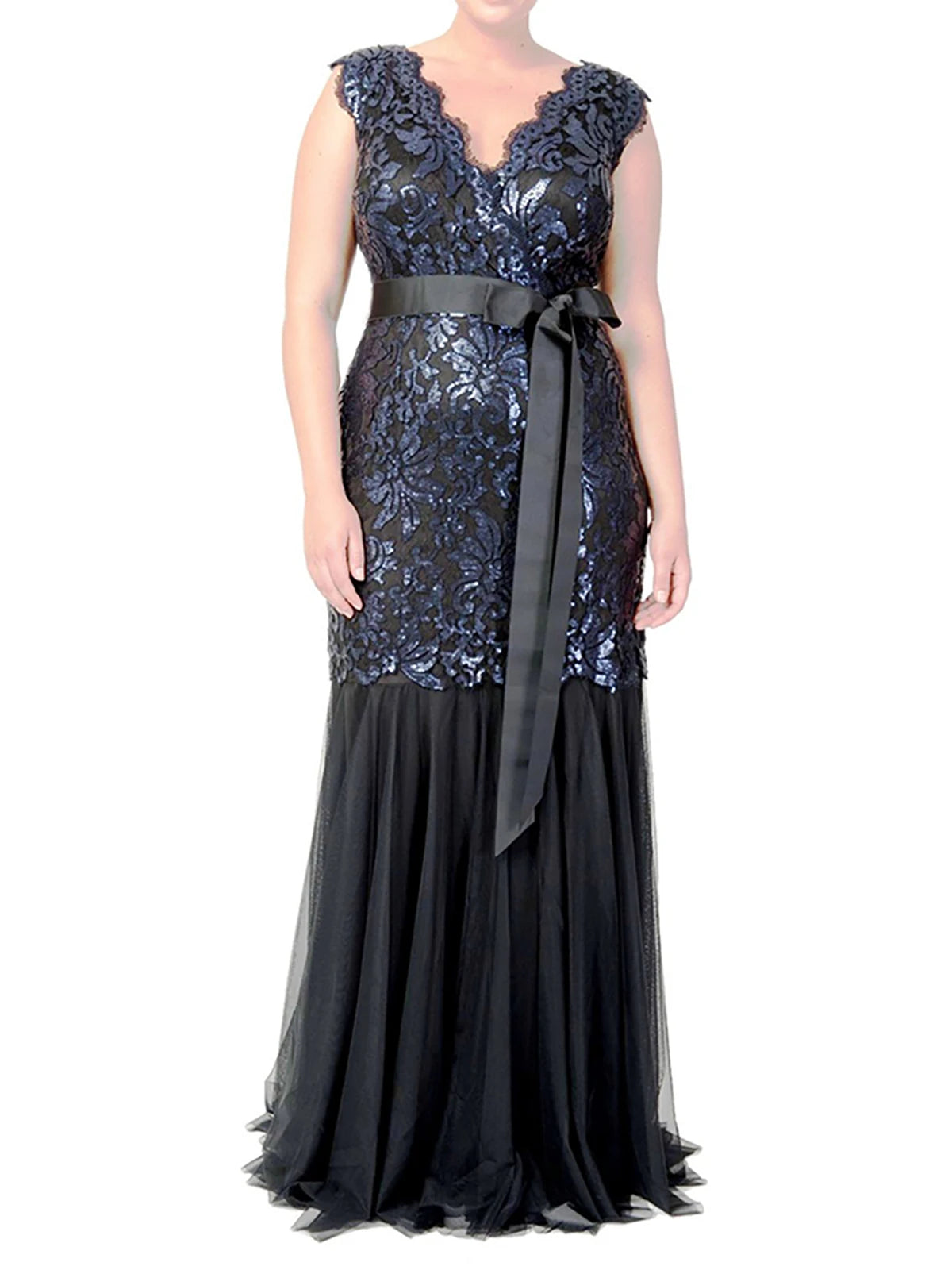 Cyflymder  Women Plus Size Luxurious Sequins Evening Dress Lace Elegant V-Neck Sleeveless Slim Female Wedding Dress Gown Tulle Formal Dress