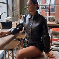 Cyflymder  High Street Fashion Trend PU Leather Women's Jacket 2-Piece Set Single-Breasted Lapel Slim Female Coat With High Waist Skirt Set