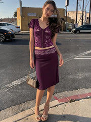 Cyflymder  Sheer Lace Patchwork Women Mid Skirt Set V Neck Short Sleeve Top Slim Sexy Single Breasted 2 Piece Clubwear Summer Outfit