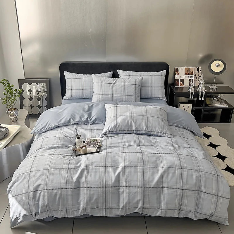 Cyflymder  100% Cotton Geometric Pattern Printed Bed Sets Soft Grid Duvet Cover Bedsheet Pillowcases for Home Single Queen Size Bedding Set