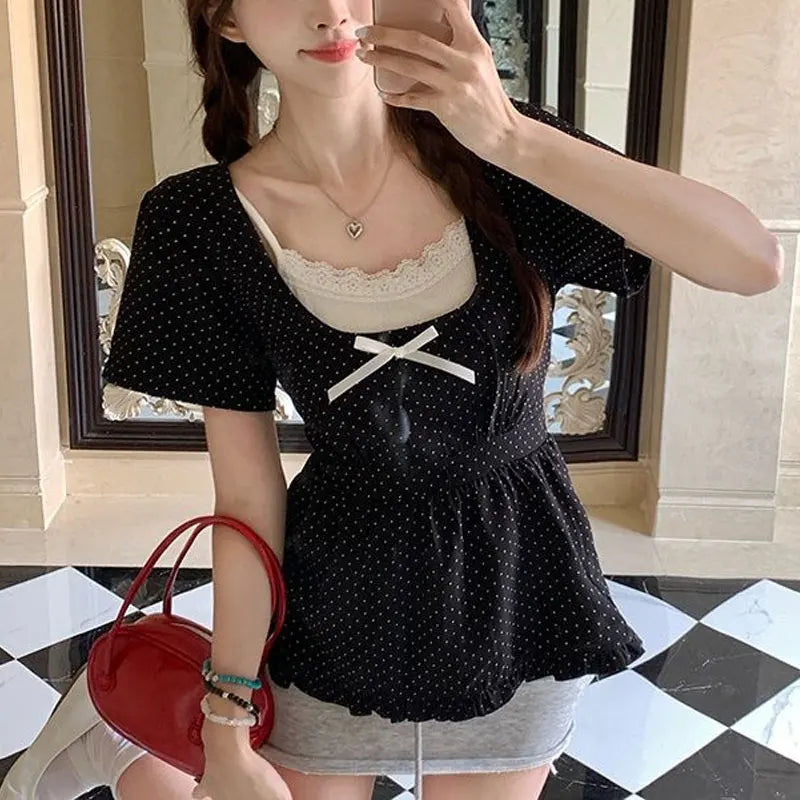 Cyflymder  Polka Dot Stylish Bow Waist Shirts Female clothing Two Piece Set Summer New Square Collar Vintage Short Sleeve Lace Folds Blouse