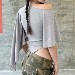 Cyflymder  Women's Skew Neck Asymmetrical Cape Sleeve T-shirts Handkerchief Hem Crop Top Elegant Slim Fit Ruched Knit Tee Shirt Summer Chic