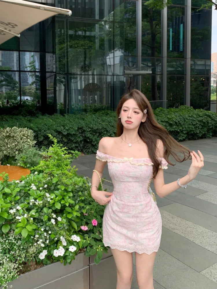 Cyflymder  Mini Dresses Women Sexy Sweet Floral Slash Neck Off Shoulder Bow Lace Patchwork Vintage Elegant Dress Party Spring New