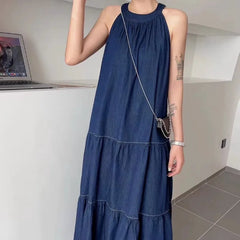 Cyflymder  Sweet Hot Girl Casual Strap Denim Dress for Women's Summer Pure Sexy Loose A-line Long Dress Fashion Female Clothes