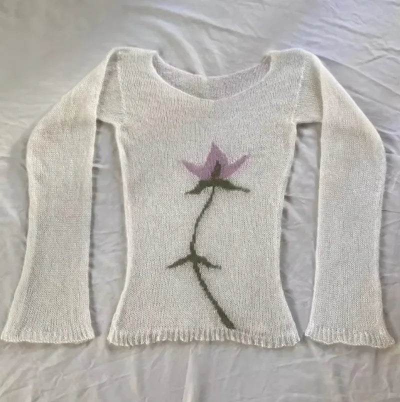 Cyflymder  Y2k American Harajuku Streetwear Flower Print Design O Neck Long Sleeve Pullovers Vintage Gothic French Thin Knitted Jumpers