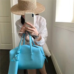 Cyflymder  Ins Korean Retro Blue Boston Handbag Women PU Leather Large Capacity Pillow Bag Ladies Cute Commuter Versatile Crossbody Bag New