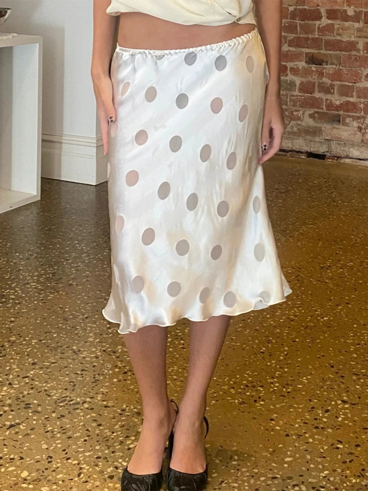 Cyflymder  Women White Polka Dot Midi Skirts Chic Satin Wavy Hem High Waist Long Skirts Lady New Fashion Vacation Casual Daily Dresses