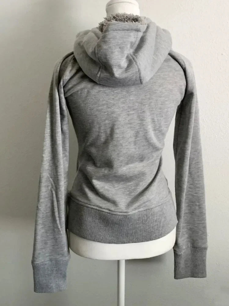 Cyflymder cold weather outfits Grey Faux Fur Wool Double Zipper Jacket Hoodies Women's Slim Waist Hooded Vintage Y2k Coats Ropa Mujer Casual Fashion Sweatshirt