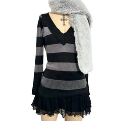 Cyflymder  Y2K Gothic Women Glitter Striped Knit Sweater V‑Neck Long Sleeve Slim Grunge Punk Casual Autumn Streetwear Pullover