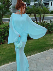 Cyflymder   Batwing Sleeve Ruched Elegant Long Dress Woman Autumn Trend Sexy See Through o-Neck Backless Beach Style Chic Vestidos