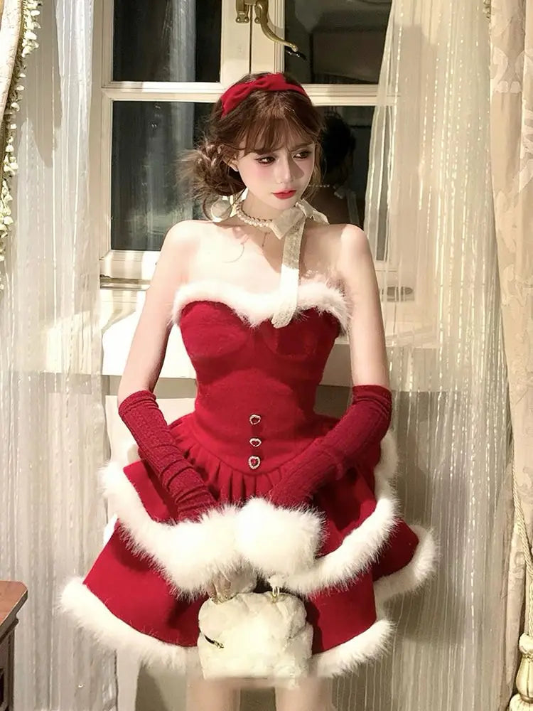 Cyflymder  Christmas Red suit Velvet Cake Puff Women's Dress Set Winter French Lady Princess Two Piece Outfit coat