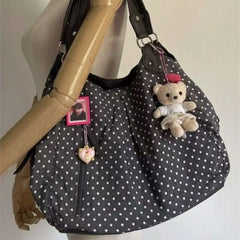 Cyflymder   Harajuku Retro Polka Dot Tote Bag Women Black Wrinkle Large Capacity Shoulder Bag Ladies Sweet Cute Commute Underarm Bag